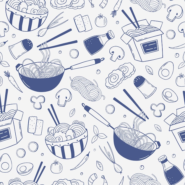 Seamless pattern with Asian Japanese and Chinese traditional food. Asian kitchen background. Vector