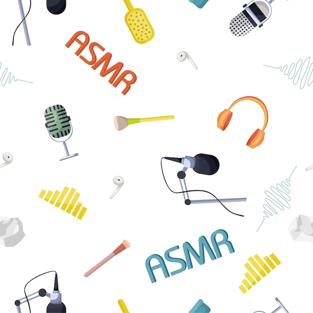 Vector seamless pattern with asmr elements  high frequency microphone headphones brushes paper