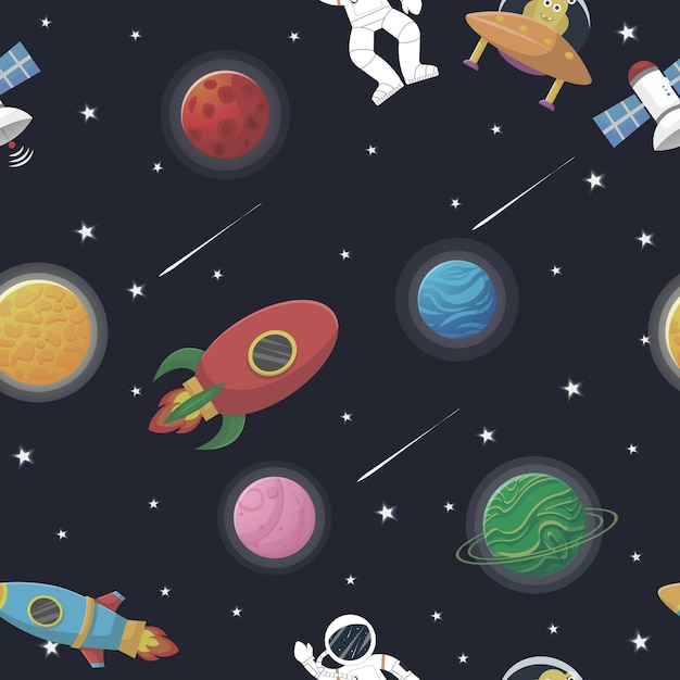 seamless pattern with Astronaut with rocket and alien in the open space