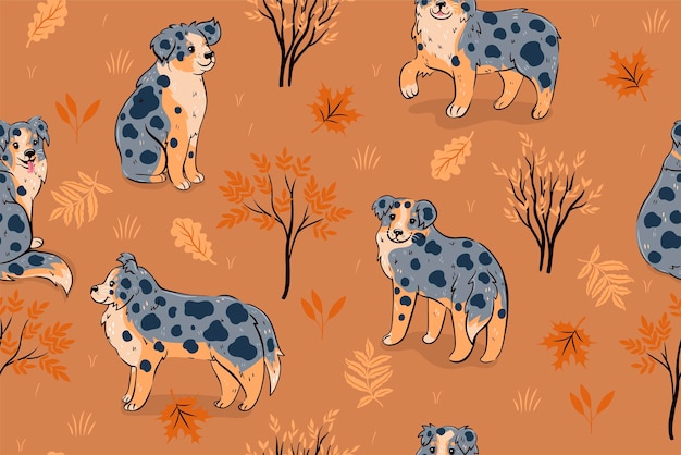 Seamless pattern with australian shepherds autumn leaves and bushes Vector graphics