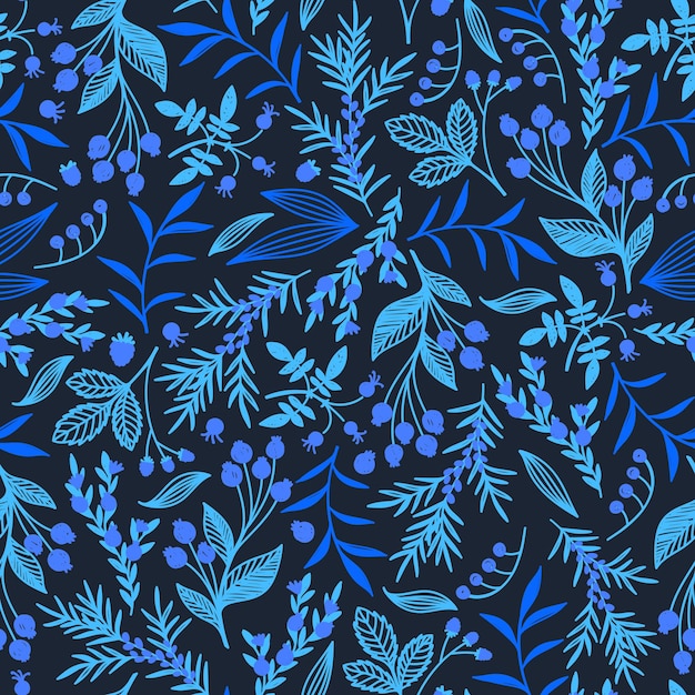 Seamless pattern with autumn berries in blue tones on a blue background in vector