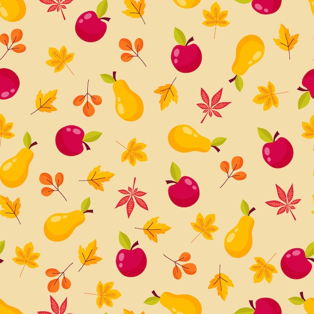 Seamless pattern with autumn branches and leaves on white background. Floral hand drawn ornament in yellow and red colors. Bright background for printing on fabric, wallpaper and paper. Vector