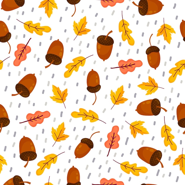 Seamless pattern with autumn branches and leaves on white background. Floral hand drawn ornament in yellow and red colors. Bright background for printing on fabric, wallpaper and paper. Vector