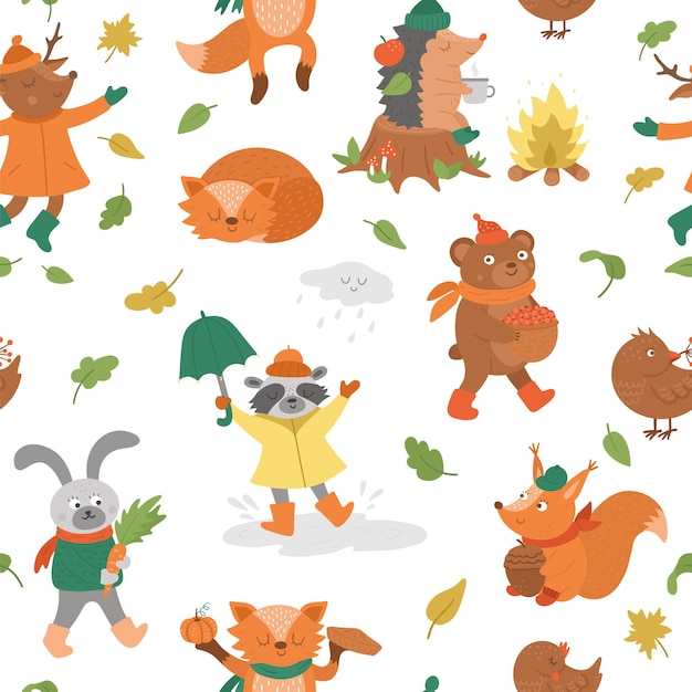 Seamless pattern with autumn characters. Cute fall woodland animals repeat background