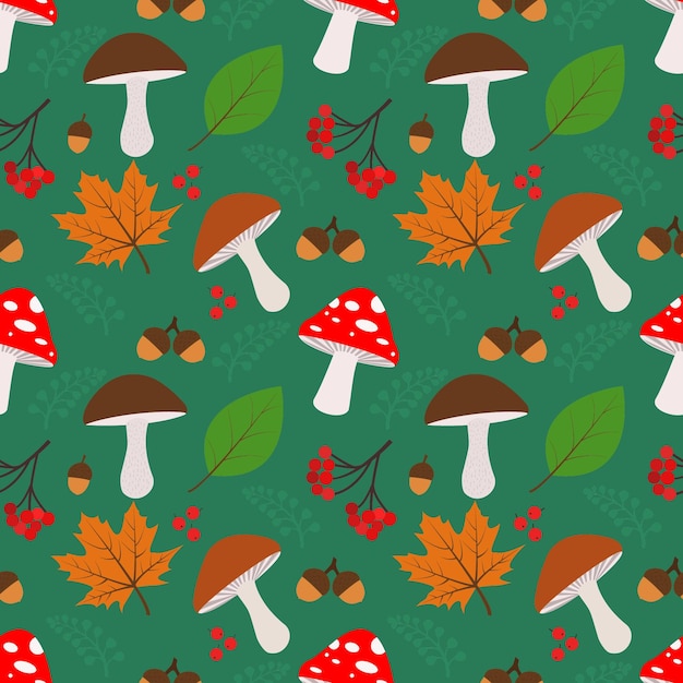 Seamless pattern with autumn elementsacorns autumn leaves mushrooms