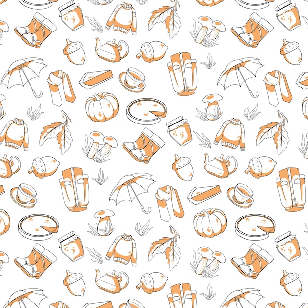 Seamless pattern with autumn items In line style For design and decoration