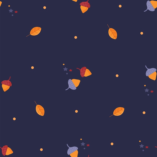 Seamless pattern with autumn leaves and acorns Autumn pattern with leaves acorns on a dark blue