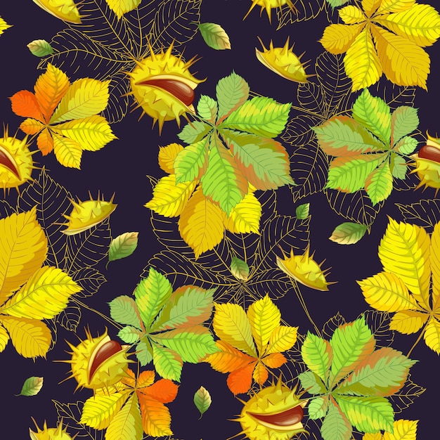 Seamless pattern with autumn leaves and chestnuts on a dark background.