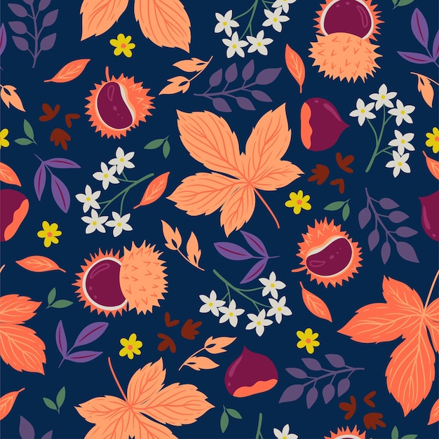 Seamless pattern with autumn leaves flowers and chestnuts