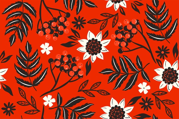 Seamless pattern with autumn leaves and rowan berries