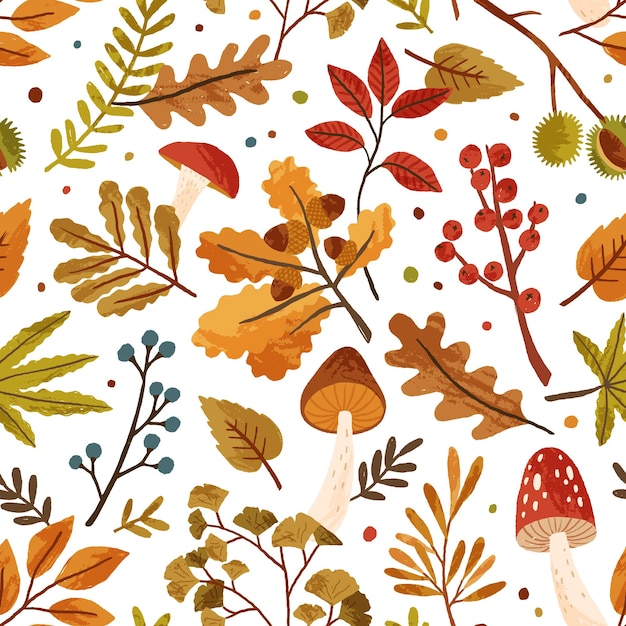 Seamless pattern with autumn leaves and tree branches. Repeatable background with fall mushrooms, chestnut, berries, acorn and foliage. Flat vector illustration of beautiful aspen, and oak leaf.