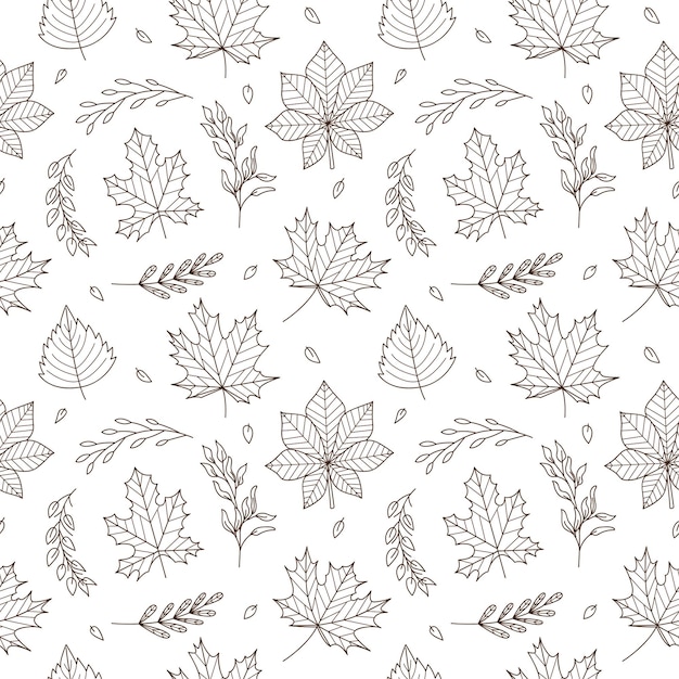 Seamless pattern with autumn leaves and twigs.Black white vector with linear outline doodle elements