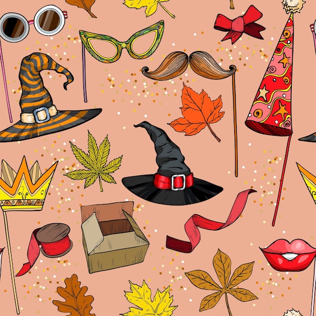 Seamless pattern with autumn party accessories set