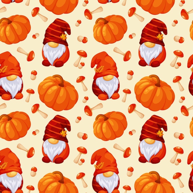 Seamless pattern with autumn Scandinavian gnomes pumpkin and mushrooms on light background