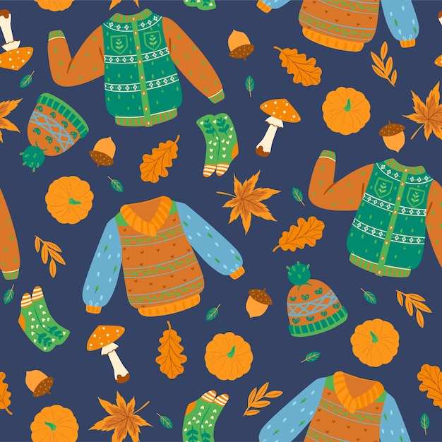 Seamless pattern with autumn sweaters, leaves, pumpkins, mushrooms.