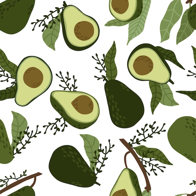 Seamless pattern with avocado and avocado halves hand drawn avocado in flat style vector illustration