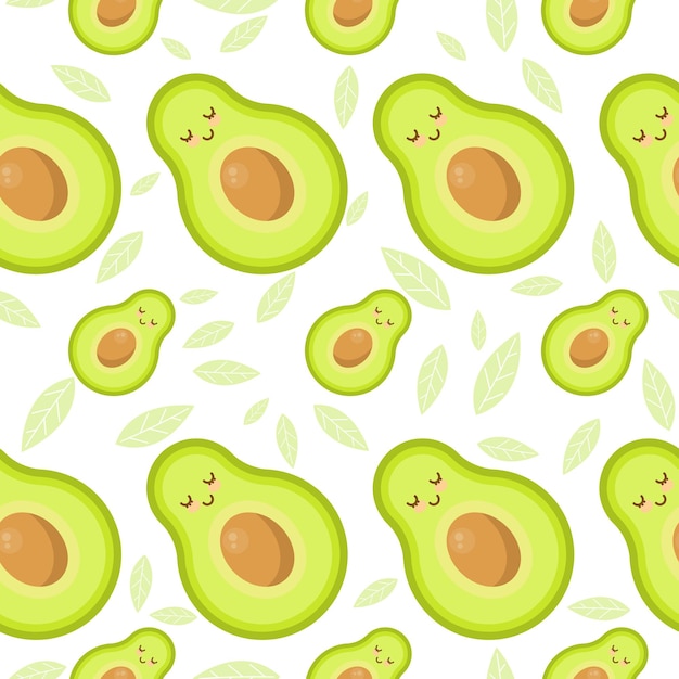 Seamless pattern with avocado Texture with leaf on a white background