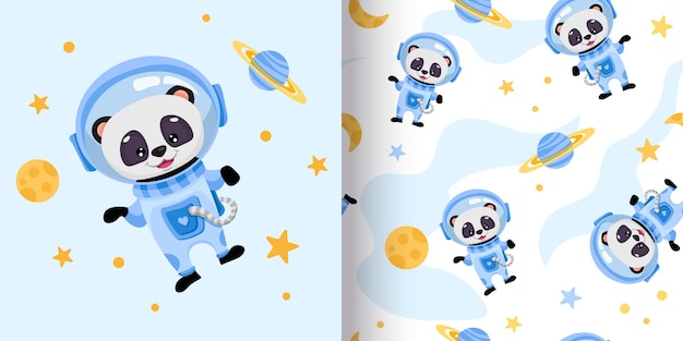 Seamless pattern with Baby Panda astronaut in the open space on light white background