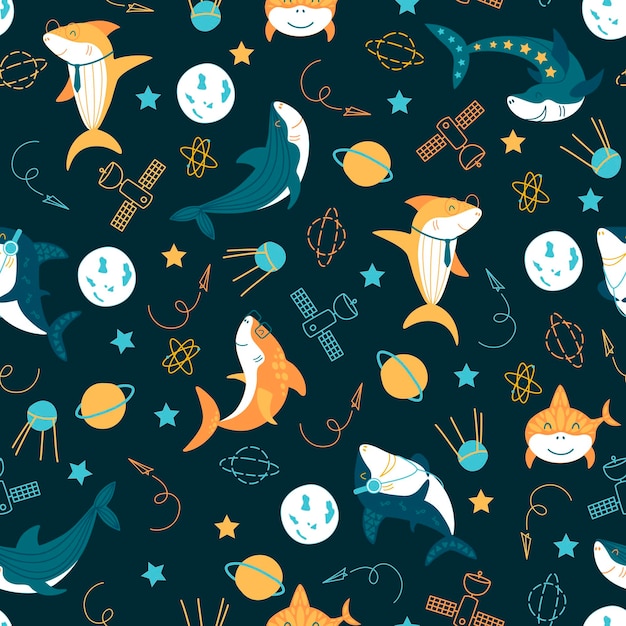 Seamless pattern with baby sharks planets spaceships stars in the space for back to school design