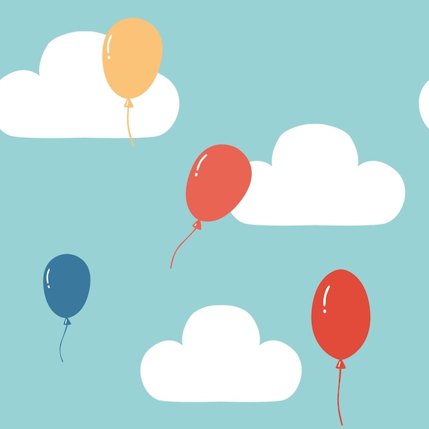 Seamless pattern with balloons and clouds on blue background