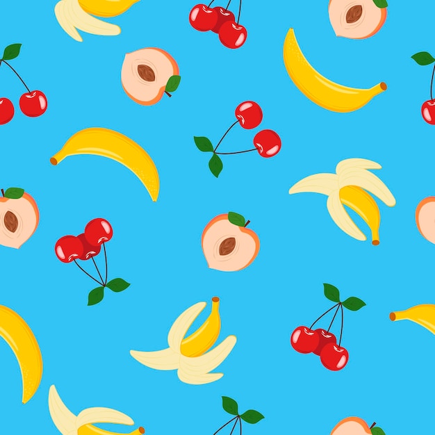 Seamless pattern with bananas cherries and peaches