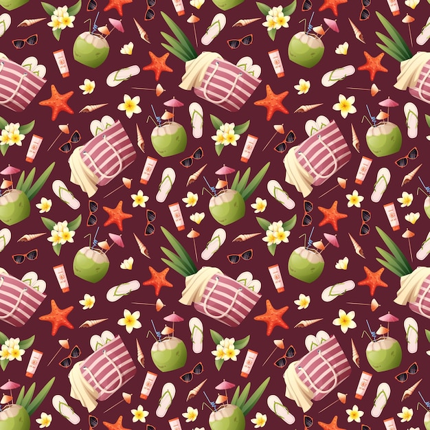 Seamless pattern with beach bag coconut cocktail seashells glasses on a burgundy background beach