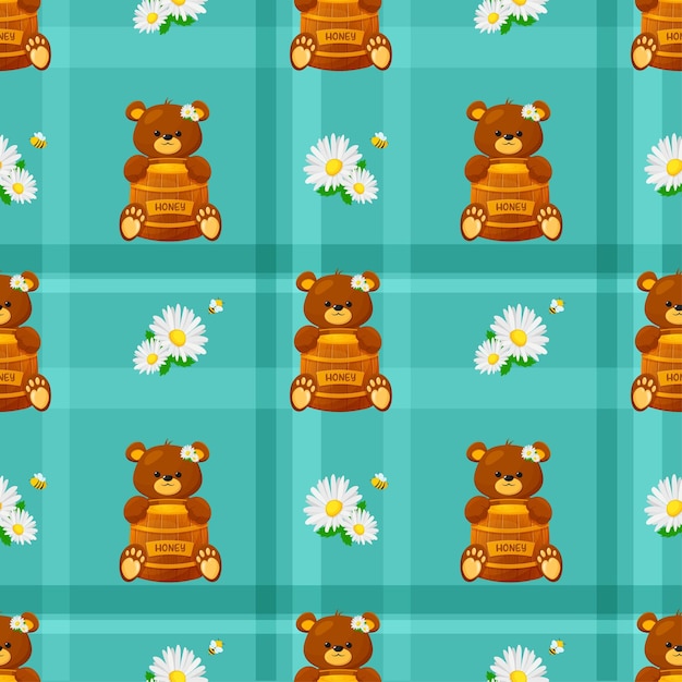 Seamless pattern with bear, barrel of honey and daisies on blue background. Cute bear with honey