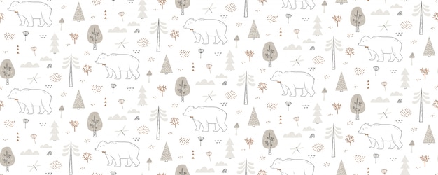 Seamless pattern with bear, dragonfly, clouds, trees. Hand drawn forest pattern is endlessly repeating.