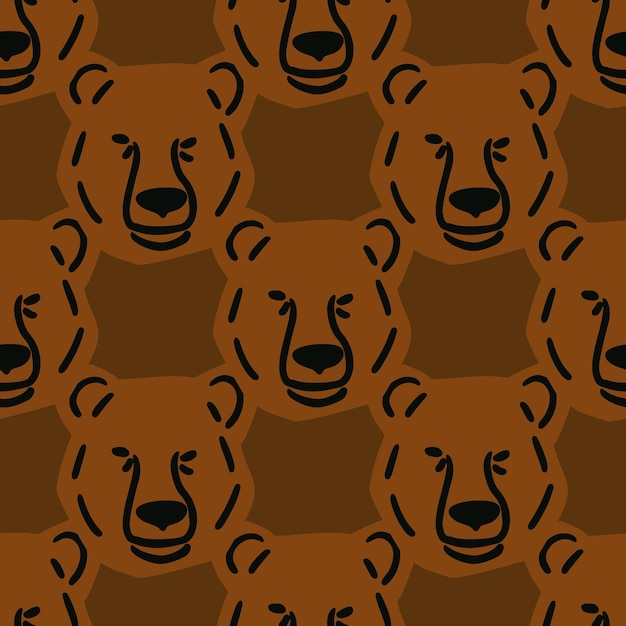 Seamless pattern with bear head illustration in minimalist style on brown color background