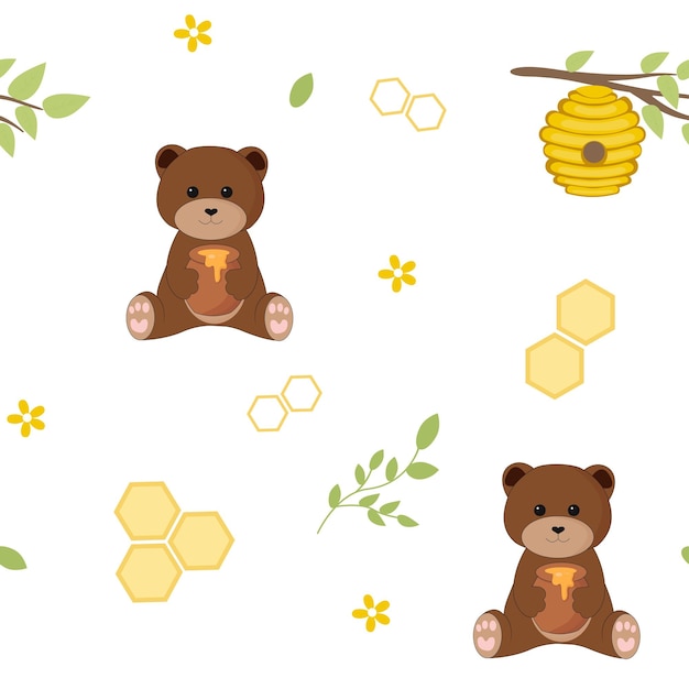 Seamless pattern with bear and honey Vector flat cartoon illustration