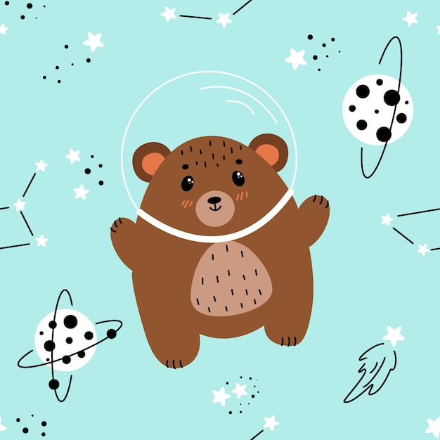 Seamless pattern with bear in space, bear astronaut, bear flying in space, children's illustrations