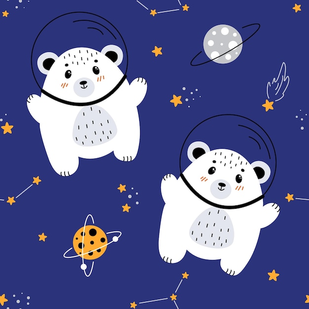 Seamless pattern with bear in space, bear astronaut, bear flying in space, children's illustrations