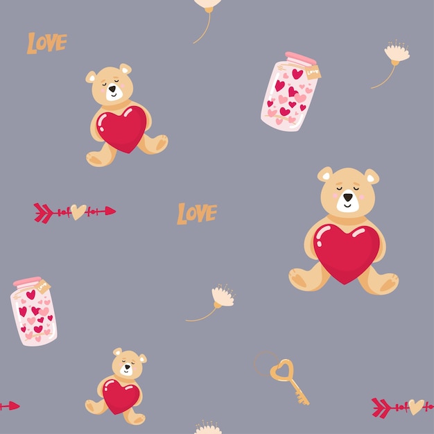 seamless Pattern with bear with heart in hands