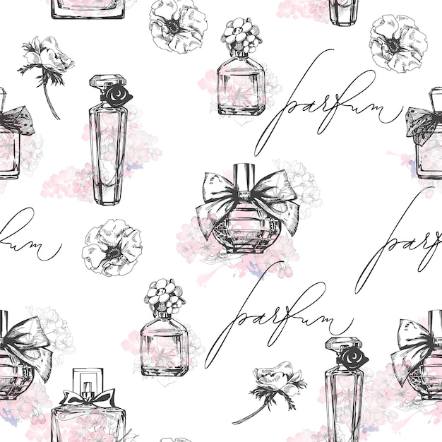 Seamless pattern with beautiful bottles of perfume. Women's perfume. Vector.