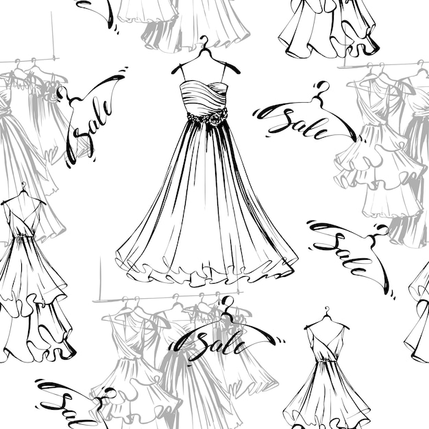 Seamless pattern with beautiful fashionable women's dresses.Sketch style .Vector sale concept.