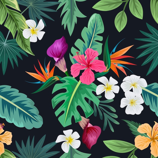 Seamless pattern with beautiful tropical flowers and leaves exotic background.