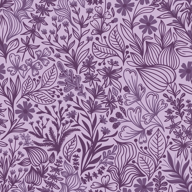 Seamless pattern with beautiful wildflowers and plants on a lilac background in vector