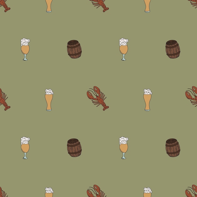 Seamless pattern with beer mugs barrels and crayfish Background for menu packaging bar design