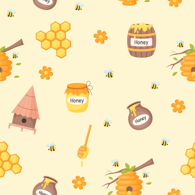 Seamless pattern with bees and honey thematic elements on yellow background