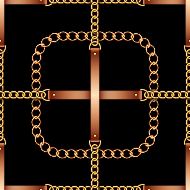 Seamless pattern with belts, chains and rope on black