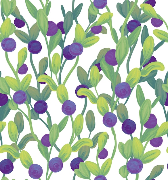 Seamless pattern with berries. Composition of blueberries, leaves, twigs, intertwined on a light background.