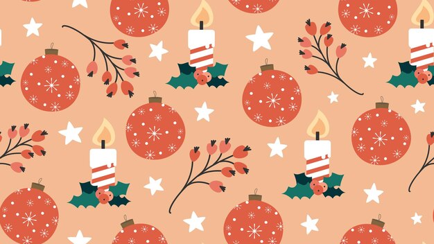 seamless pattern with berries, stars, christmas baubles ornament and candles