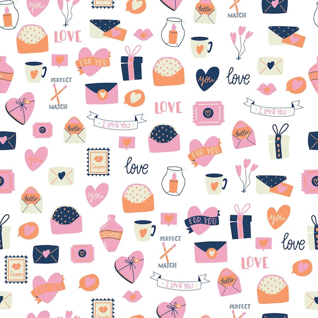 Seamless pattern with big collection of love objects and symbols for Happy Valentine's day. Colorful flat illustration.