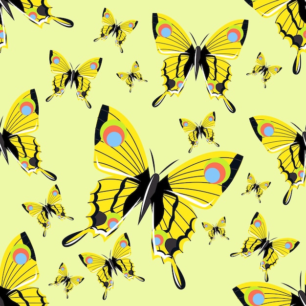 Seamless pattern with big realistic butterflies. Yellow. Realistic insects. Vector pattern