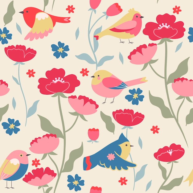 Seamless pattern with birds and flowers