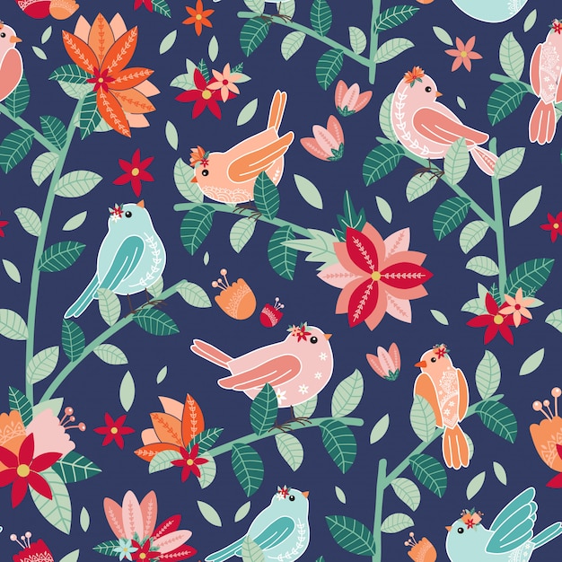 Seamless pattern with birds and flowers