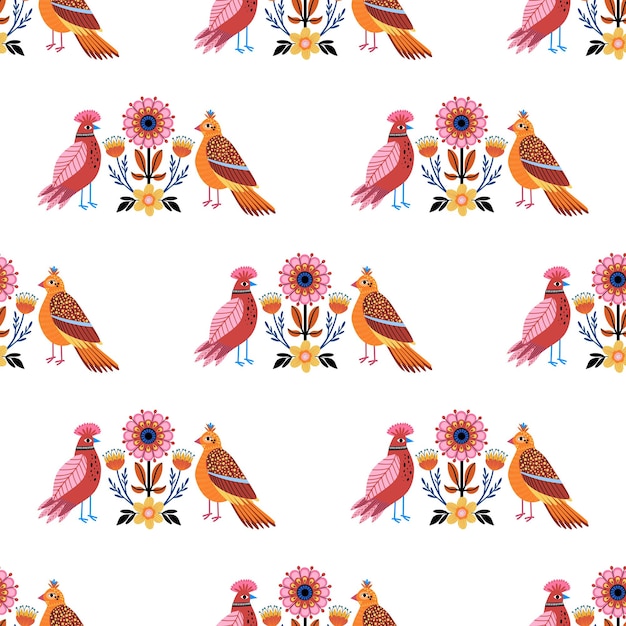 Seamless pattern with birds ornament folk spring print pattern with flowers and birds vector