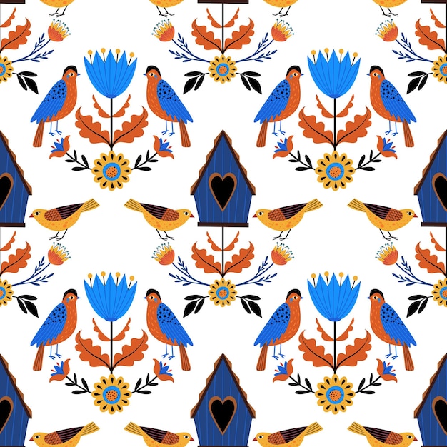 Seamless pattern with birds ornament folk spring print pattern with flowers and birds vector