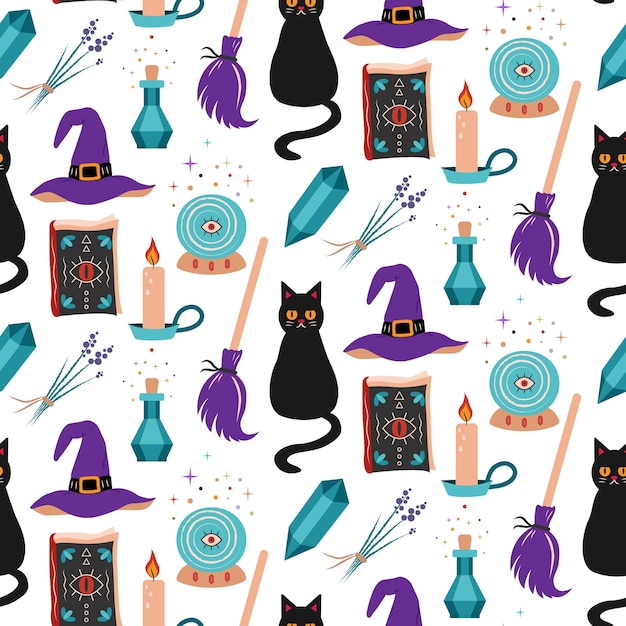 Seamless pattern with black cat witch hat and broom