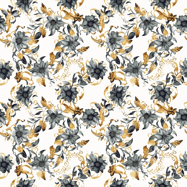 Seamless pattern with black flowers on a white background